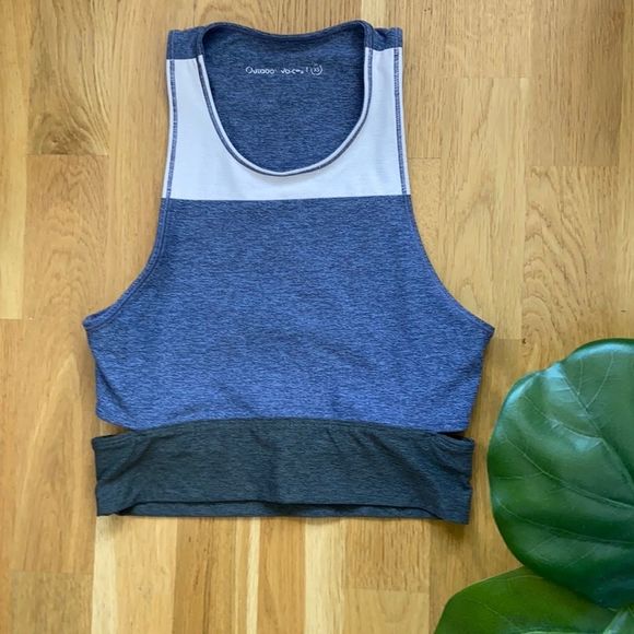 Outdoor Voices Tri Tone Slashback Crop Top in Ballet, Storm, & Olive - Picture 4 of 11